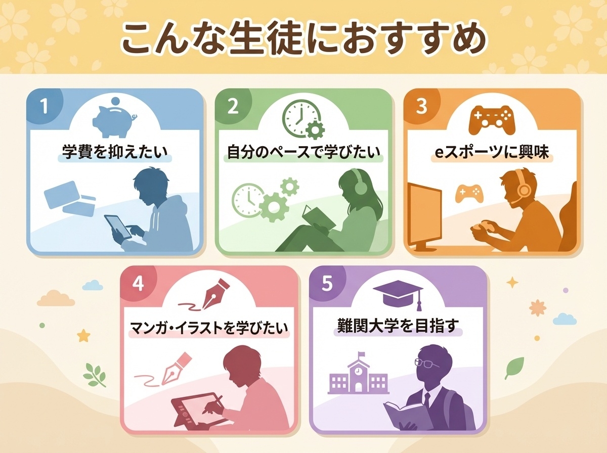 EIKOデジタル・クリエイティブ高等学校におすすめの生徒|学費を抑えたい、自分のペースで学びたい、eスポーツ・マンガ・難関大学進学に興味がある生徒