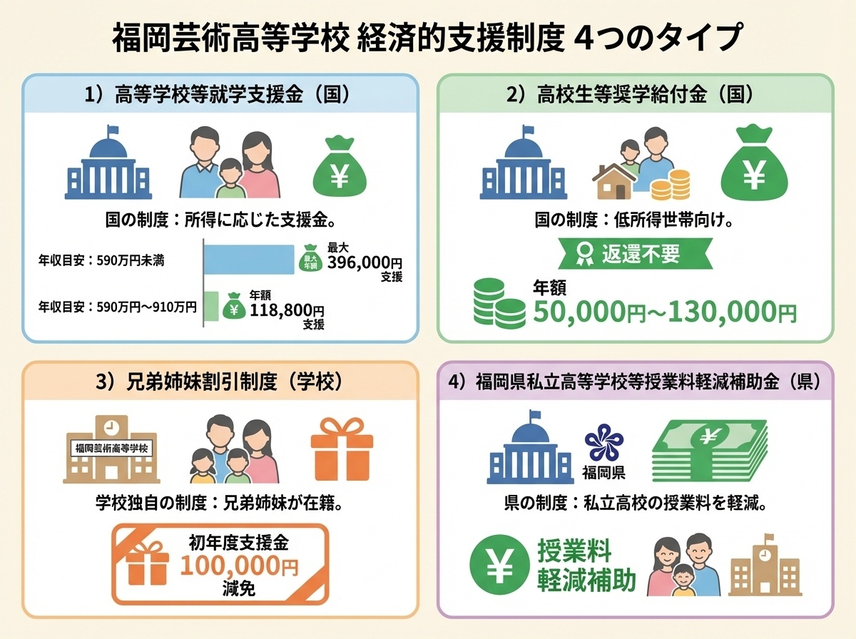 福岡芸術高等学校の学費サポート制度4種類-就学支援金・奨学給付金・兄弟姉妹割引・福岡県授業料軽減補助金の詳細