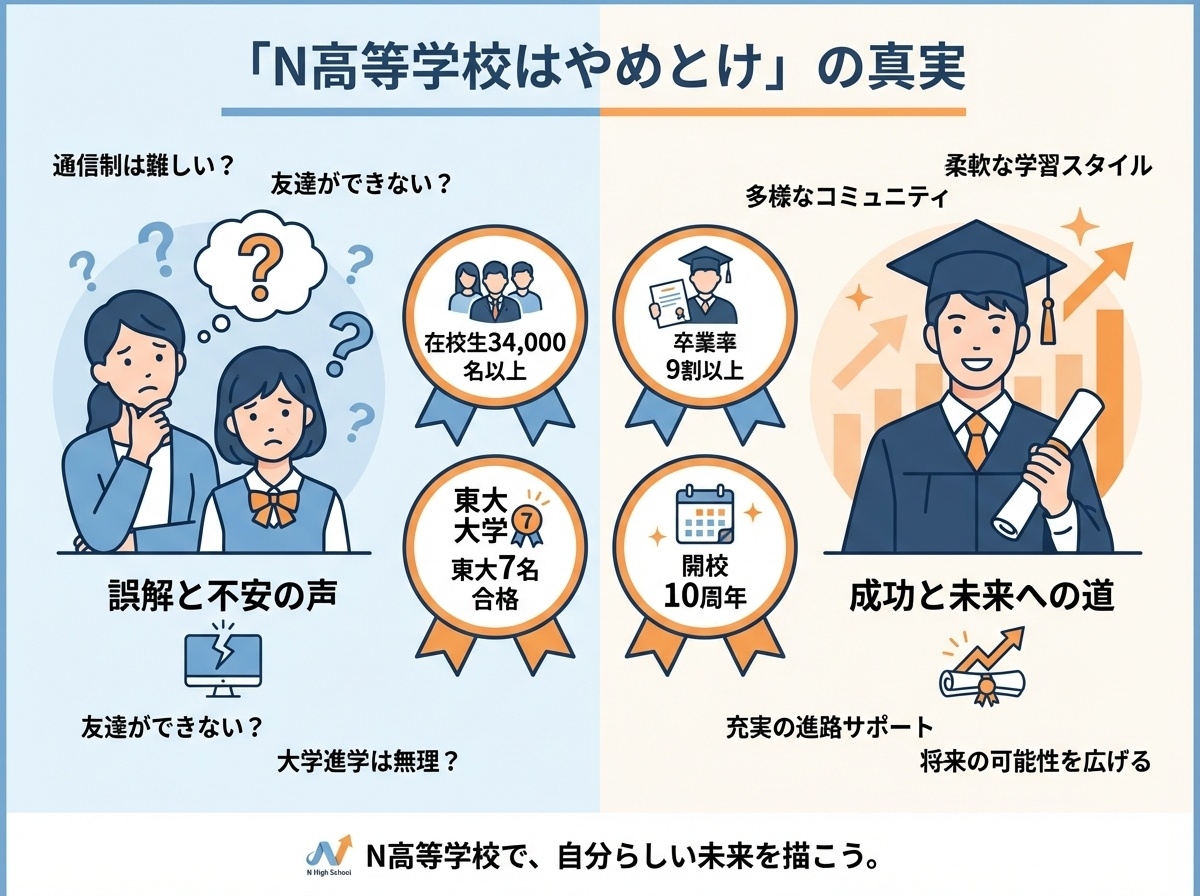 N高等学校「やめとけ」の真実を示すインフォグラフィック。在校生34,000名以上、卒業率9割以上、東大7名合格、開校10周年の実績を視覚化し、不安を感じる親子と成功した卒業生を対比表示