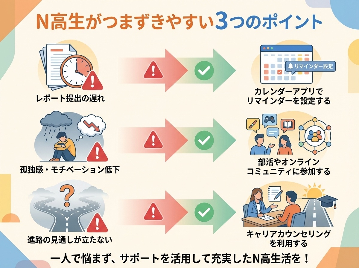N高等学校でつまずきやすい3つのポイントと対策を示すインフォグラフィック。レポート提出の遅れ、孤独感とモチベーション低下、進路の見通し不足への具体的な解決策を提示