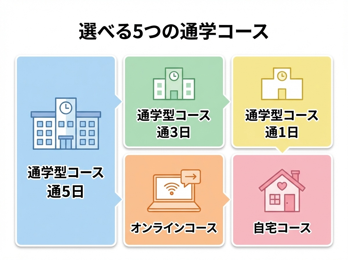 近畿大阪高等学校の5つの通学コース：週5日・週3日・週1日の通学型、オンラインコース、自宅コース