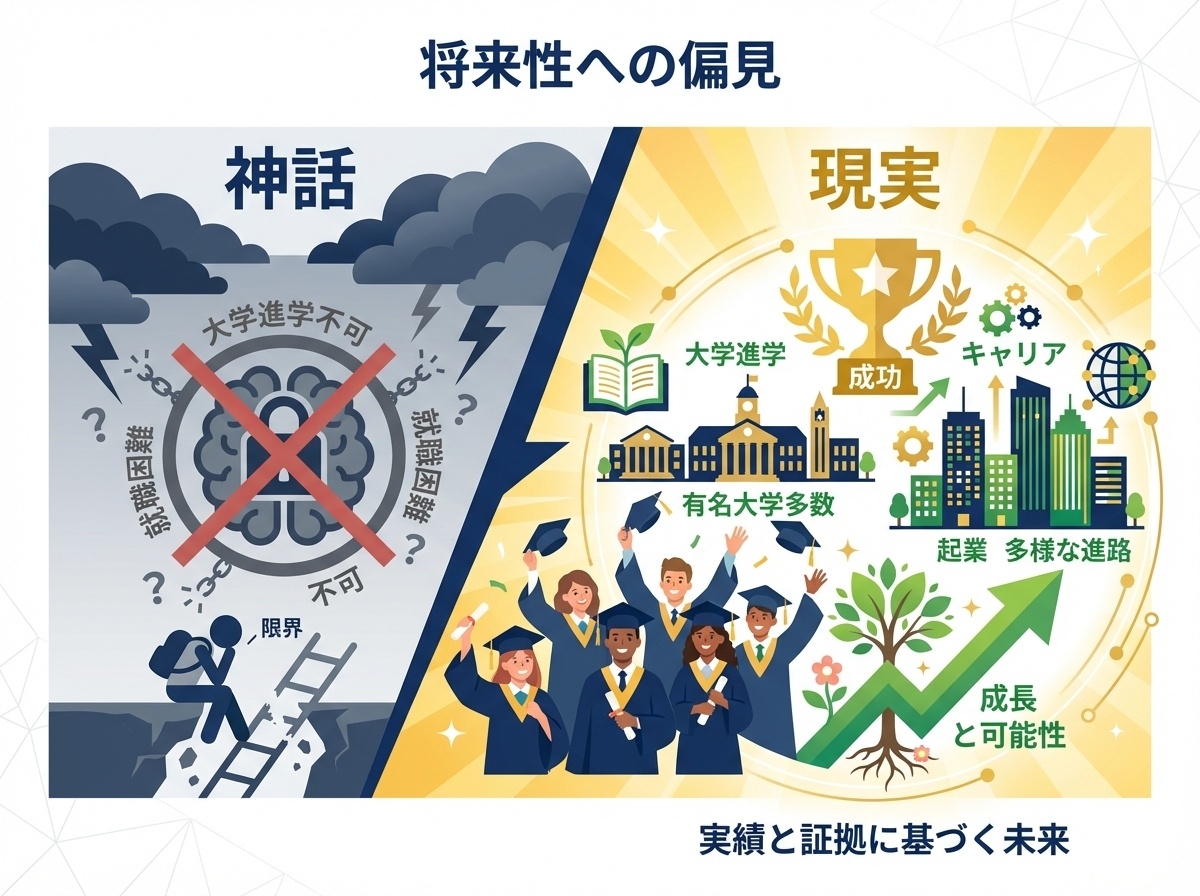 将来性への偏見を払拭する対比図。暗い偏見から明るい成功の未来へ、卒業生の輝かしいキャリアを視覚化