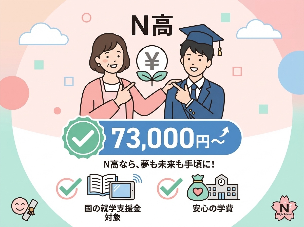 N高等学校は母子家庭でも年間73000円から通える高校として母親と生徒が笑顔で卒業を目指すイメージ図