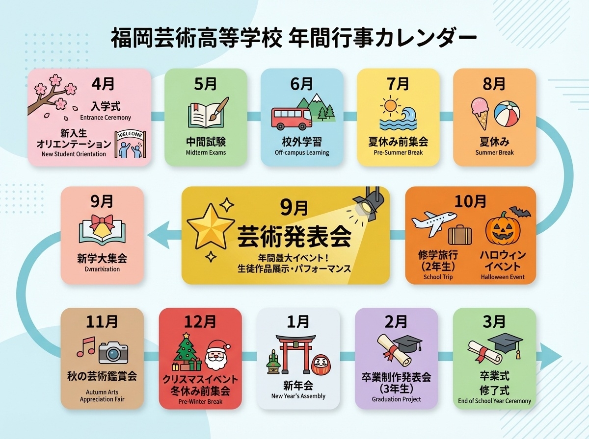 福岡芸術高等学校の年間イベントカレンダー-入学式から卒業式まで芸術発表会など充実した学校行事