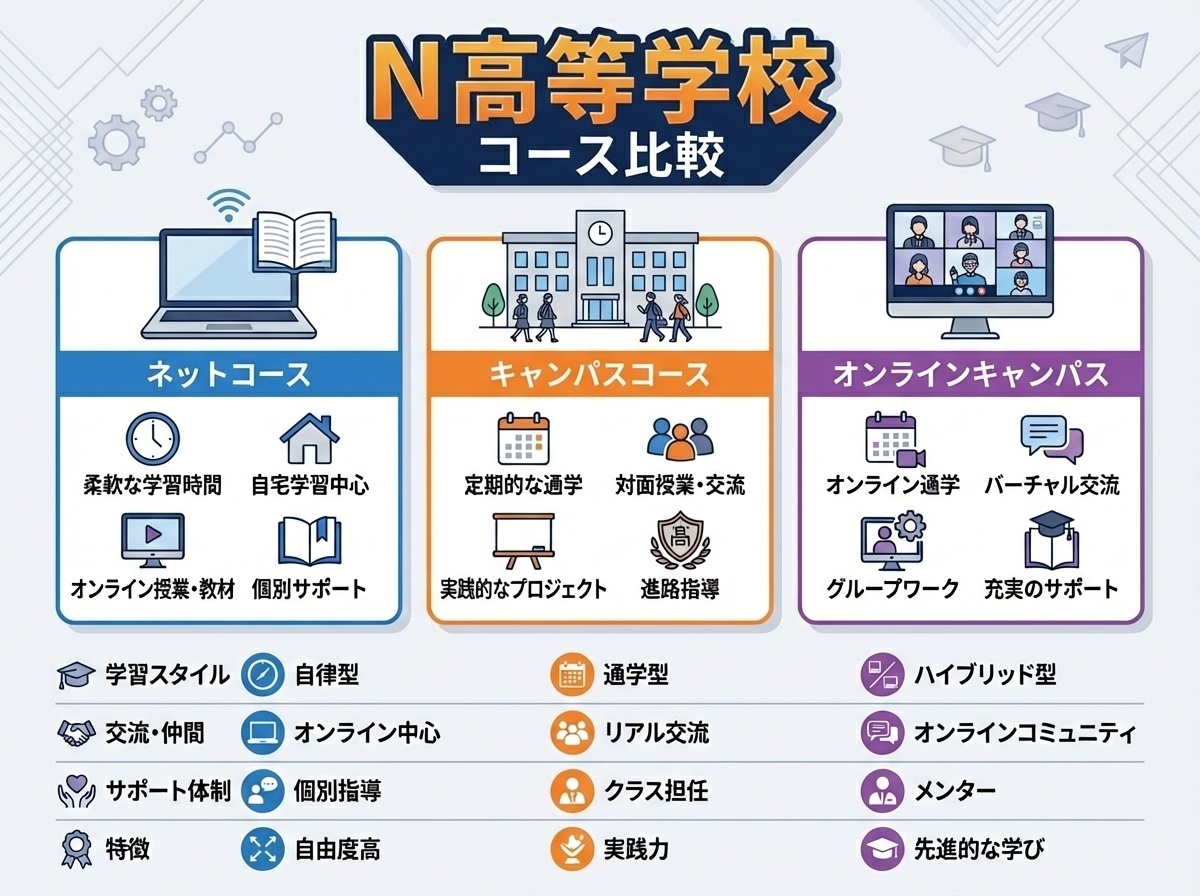 N高等学校の各コース特徴をネット通学オンラインで比較した説明図