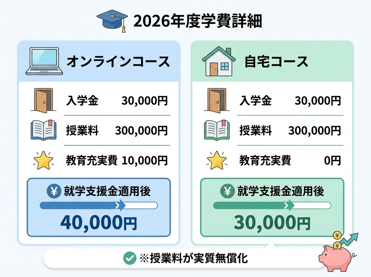 2026年度近畿大阪高等学校学費詳細：オンラインコース40,000円、自宅コース30,000円（就学支援金適用後）、各費目をアイコンで視覚的に表示