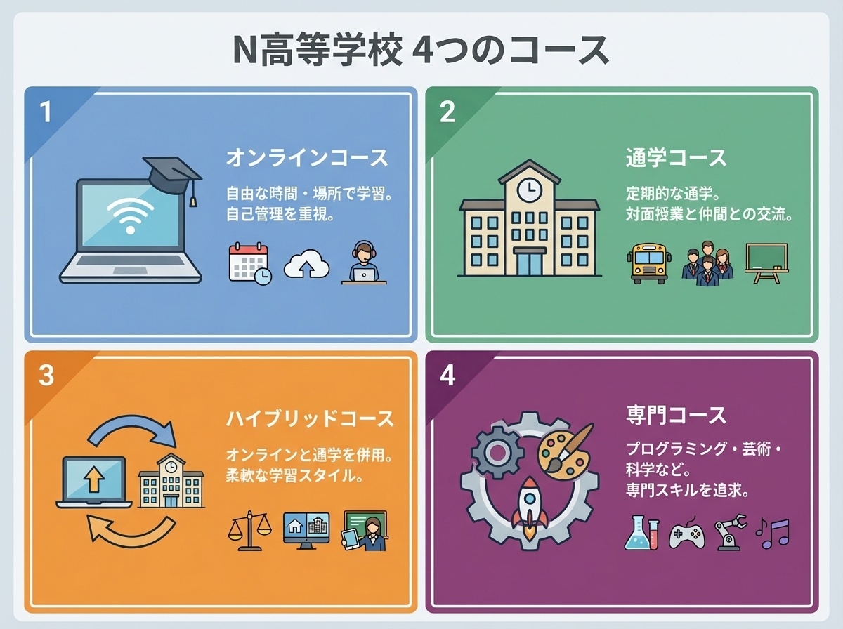 N高等学校の柔軟な学習スタイルと多彩なコースラインナップを示すインフォグラフィック