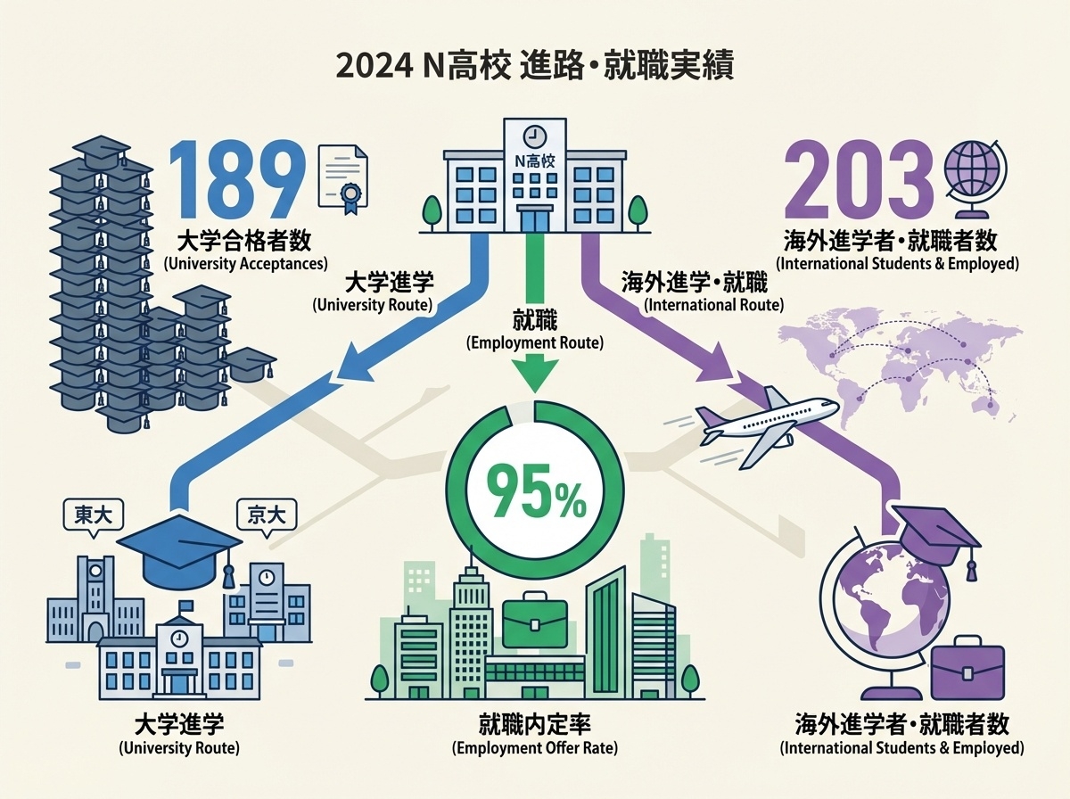  N高の3つの進路を示す分岐図。国公立大学189名、就職率95%、海外大学203名の実績をビジュアル表示