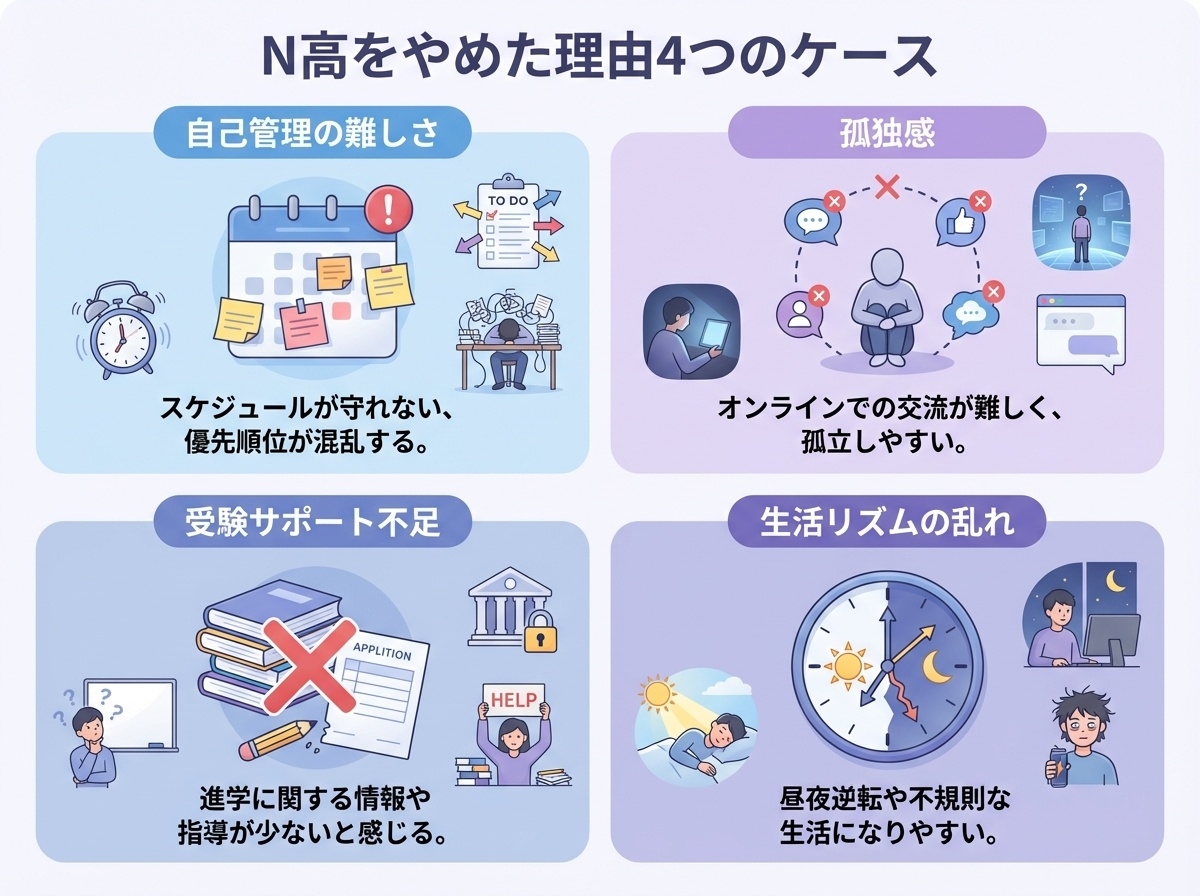 N高等学校を退学した生徒の4つの理由を示すインフォグラフィック。自己管理の難しさ、孤独感、受験サポート不足、生活リズムの乱れという課題を視覚化