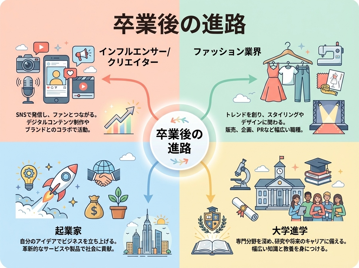 渋谷女子インターナショナルスクール卒業後の進路インフォグラフィック。インフルエンサー・クリエイター、ファッション業界、起業家、大学進学の4つの進路を示すフラットデザイン図