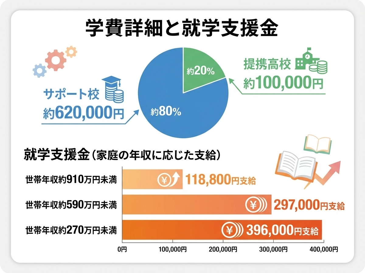 Gakken高等学院の学費詳細と就学支援金制度インフォグラフィック。学費の内訳円グラフと世帯年収別の支援金額(約910万円未満、約590万円未満、約270万円未満)を表示