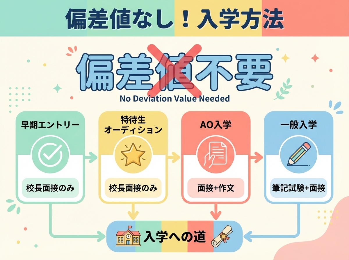 偏差値なしで入学できる渋谷女子インターナショナルスクールの入学方法インフォグラフィック。早期エントリー、特待生オーディション、AO入学、一般入学の4つの入学方法を示すフラットデザイン図