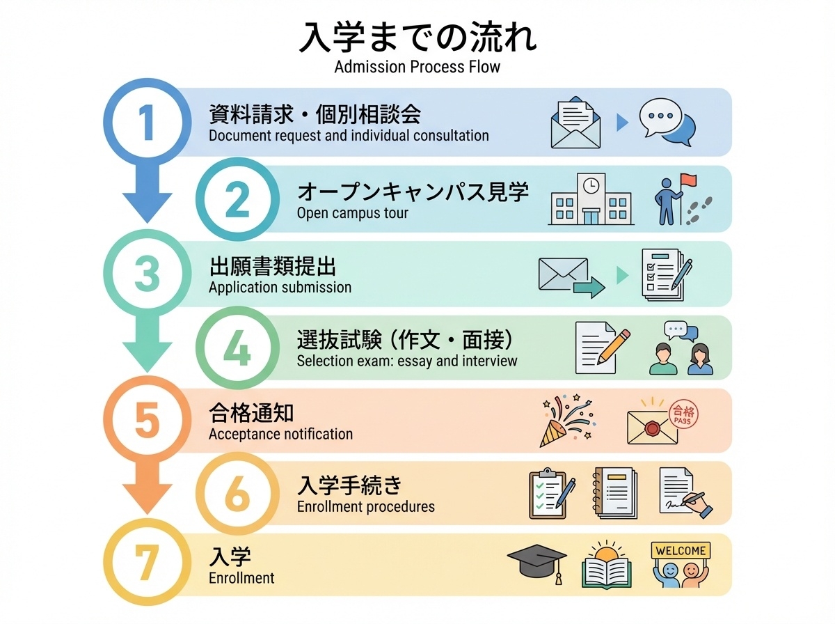 Gakken高等学院への入学までの流れを示すインフォグラフィック。資料請求・個別相談会、オープンキャンパス見学、出願書類提出、選抜試験(作文・面接)、合格通知、入学手続き、入学の7ステップを縦型フローチャートで図解。