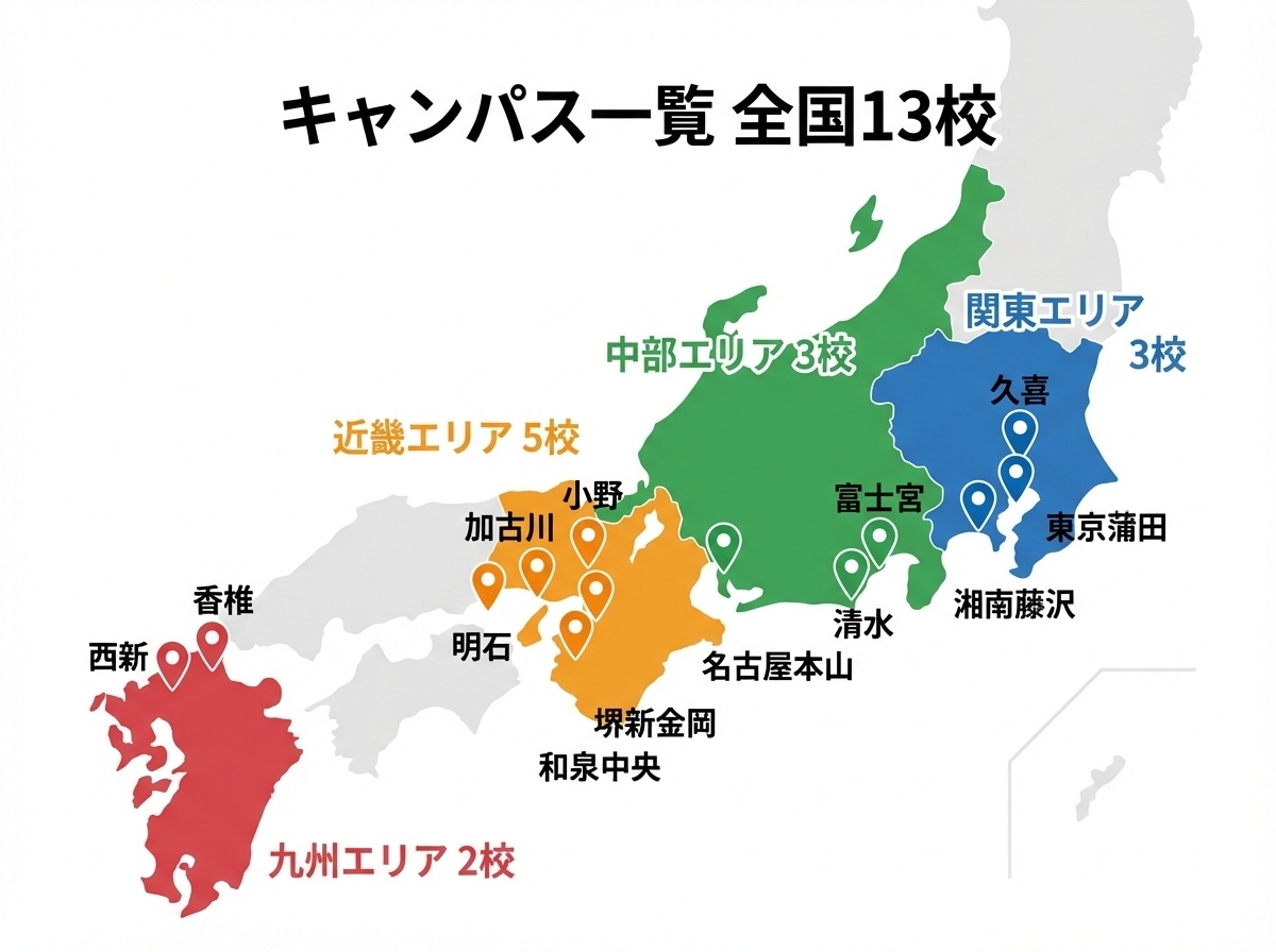 キャンパス一覧 全国13校 - 関東・中部・近畿・九州エリア別の地図とキャンパス位置