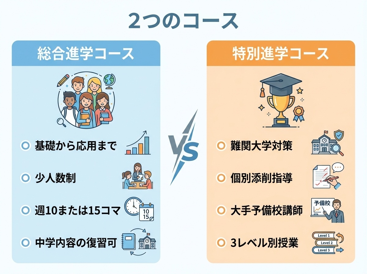 Gakken高等学院の2つのコース比較インフォグラフィック。総合進学コース(基礎から応用、少人数制)と特別進学コース(難関大学対策、個別添削指導)の特徴を比較