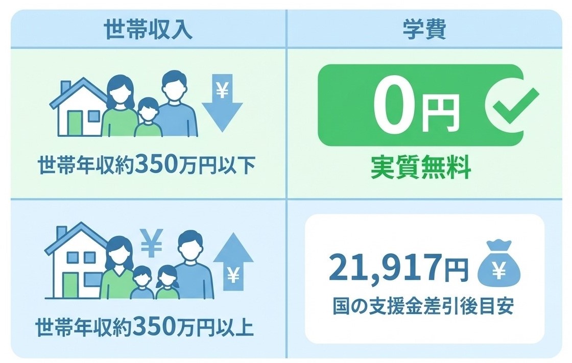シンギュラリティ高校の2026年度月額学費を世帯年収別に比較（350万円以下は0円、350万円以上は21,917円）したインフォグラフィック