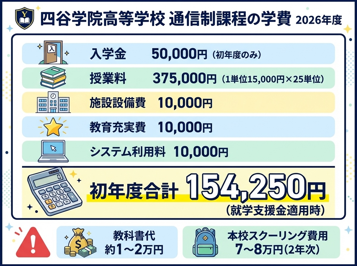 四谷学院高等学校の通信制課程学費詳細(2026年度):入学金50,000円、授業料375,000円(25単位)、施設設備費・教育充実費・システム利用料各10,000円、初年度合計154,250円(就学支援金適用時)、別途教科書代1〜2万円とスクーリング費用7〜8万円必要