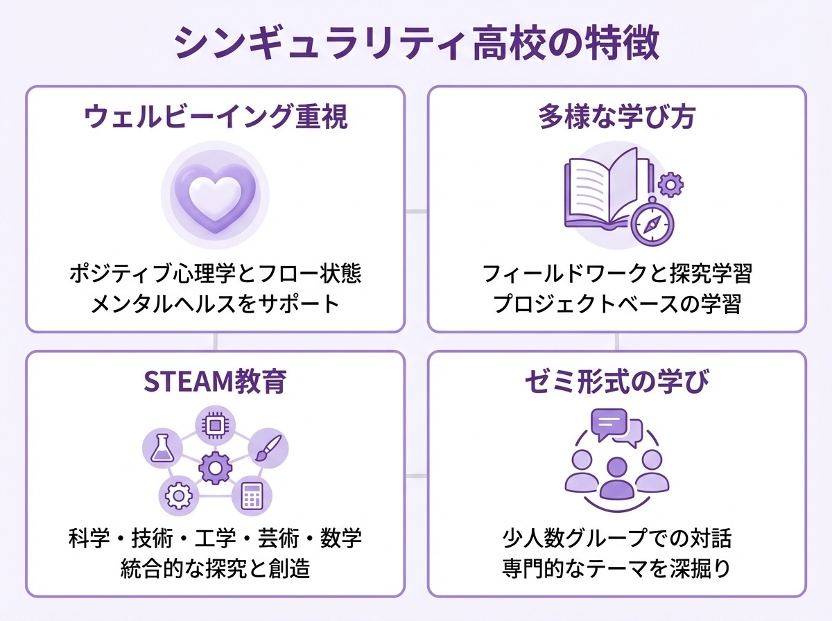 シンギュラリティ高校の4つの特徴（ウェルビーイング重視、多様な学び方、STEAM教育、ゼミ形式の学び）を示すインフォグラフィック