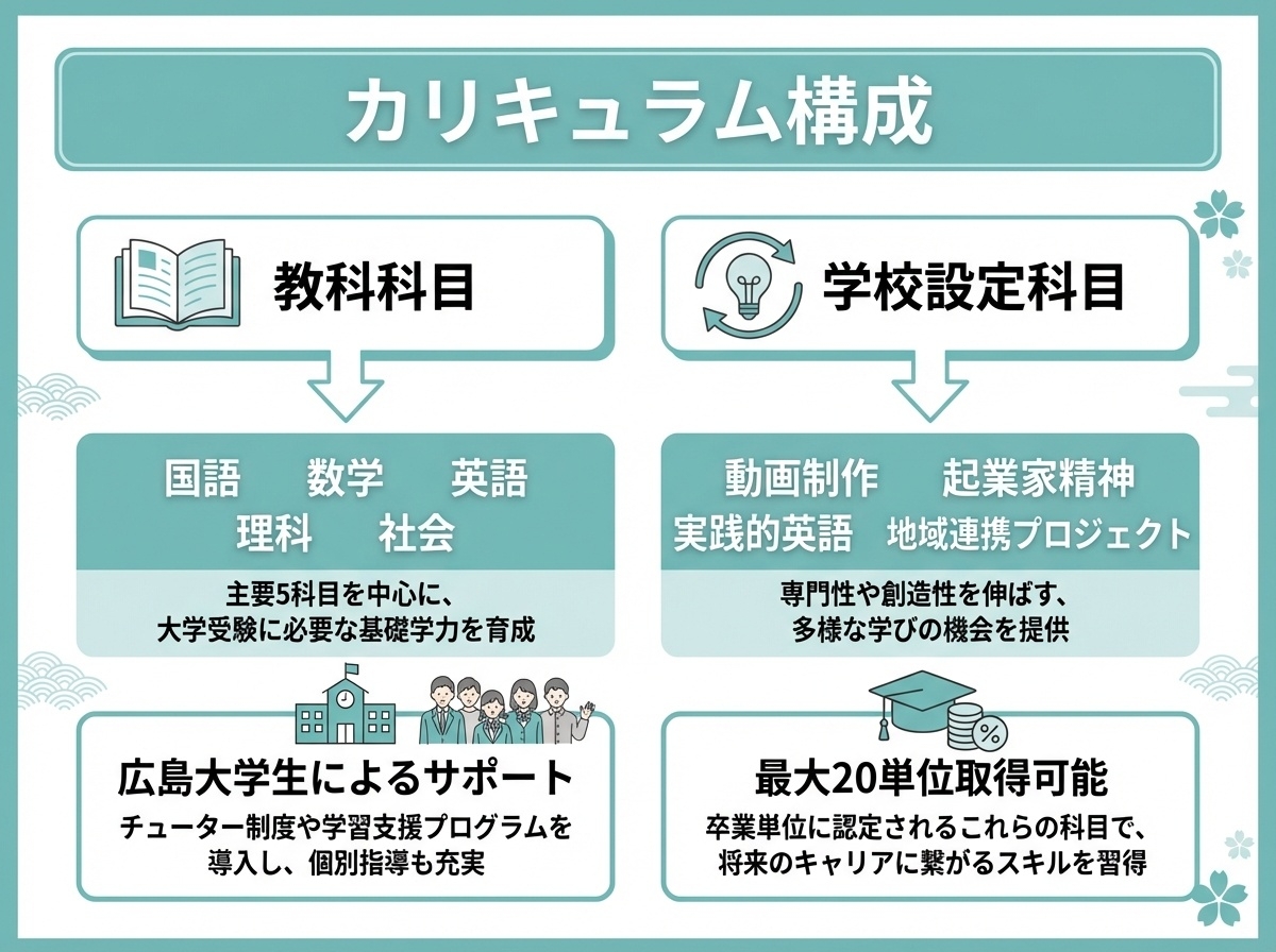 シンギュラリティ高校のカリキュラム構成（教科科目と学校設定科目）を示すインフォグラフィック、広島大学生によるサポートや最大20単位取得可能を含む
