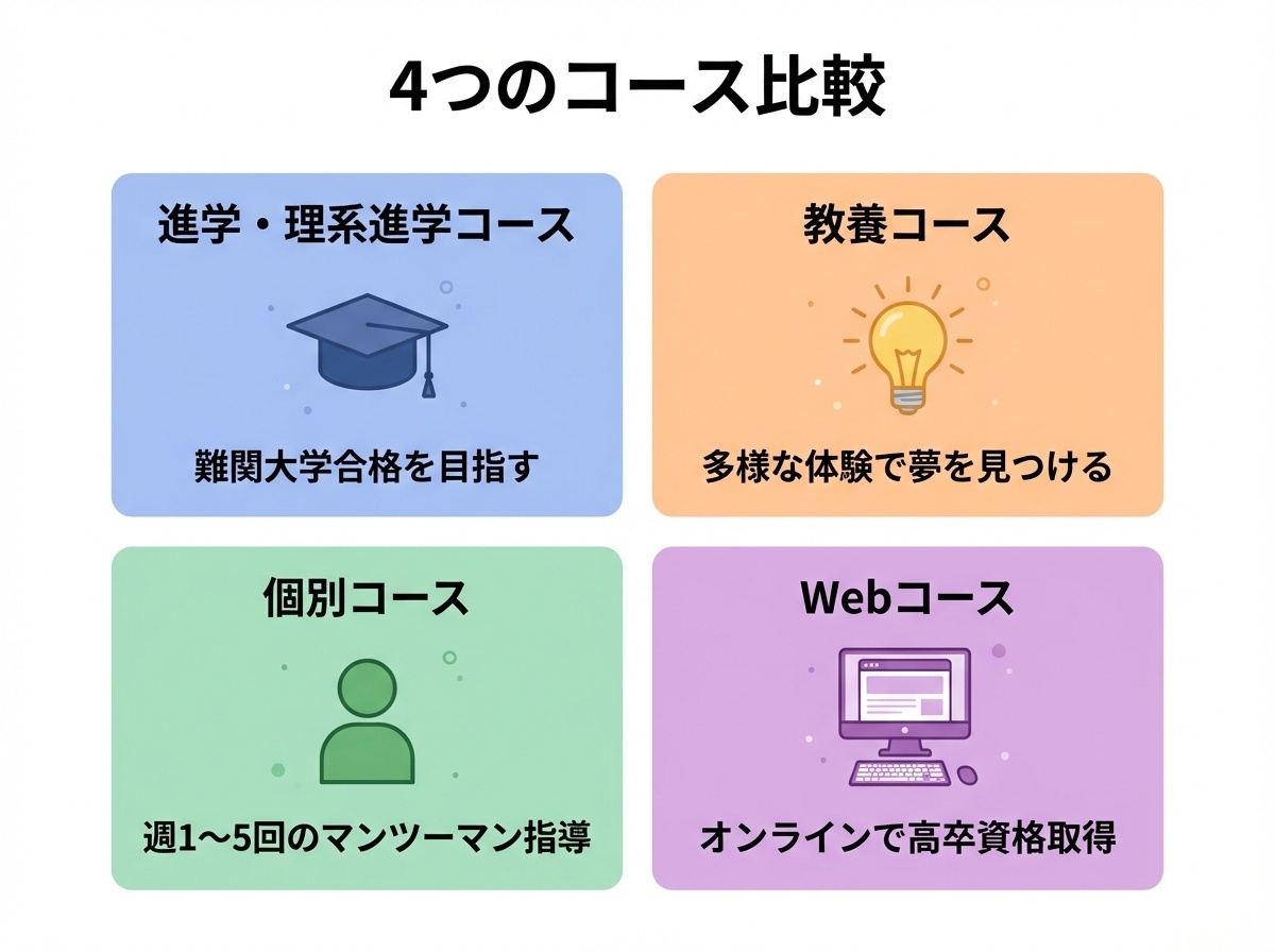 四谷学院高等学校の4つのコース:進学・理系進学コース、教養コース、個別コース、Webコース
