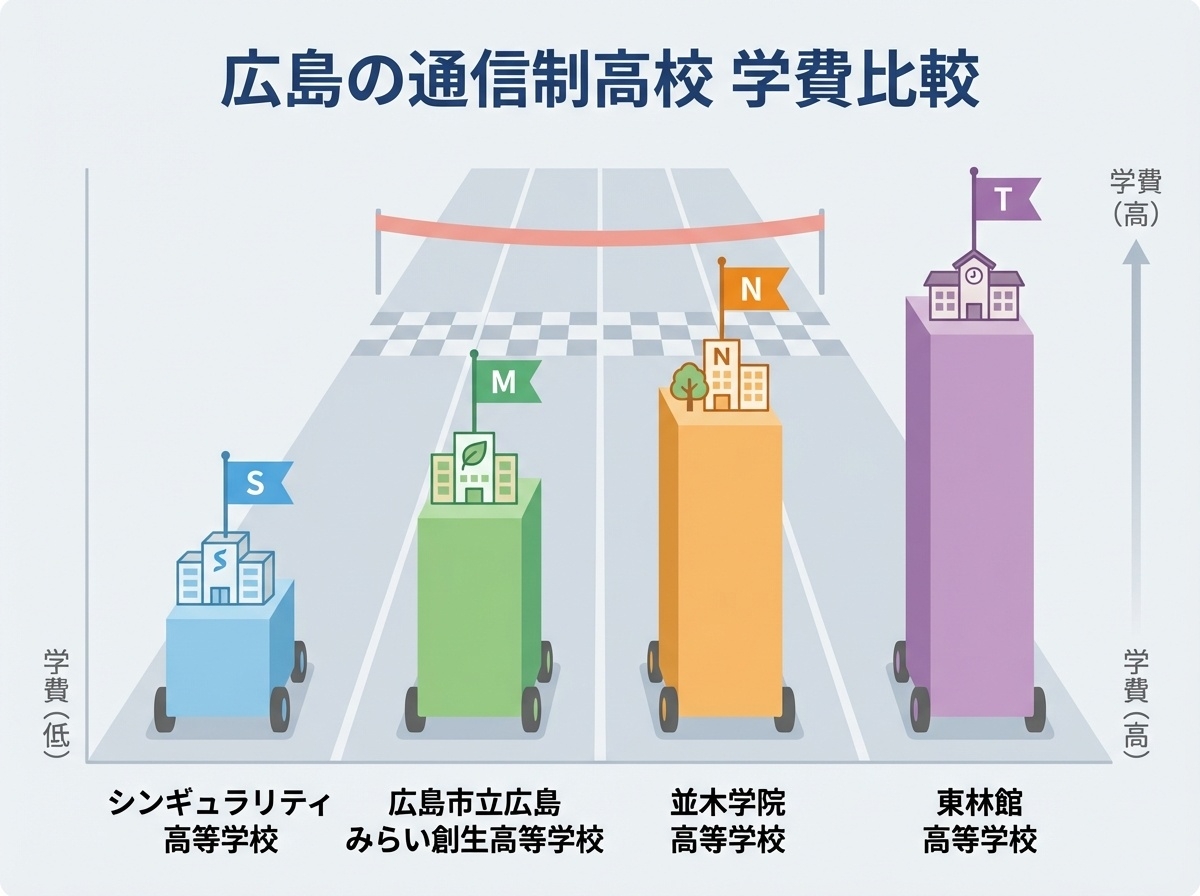 広島の通信制高校4校（シンギュラリティ、広島みらい創生、並木学院、東林館）の学費を視覚的に比較したグラフィックイラスト